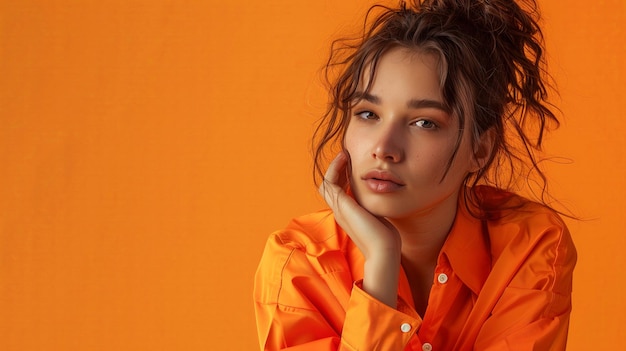 Portrait of a beautiful young woman in orange shirt on an orange background