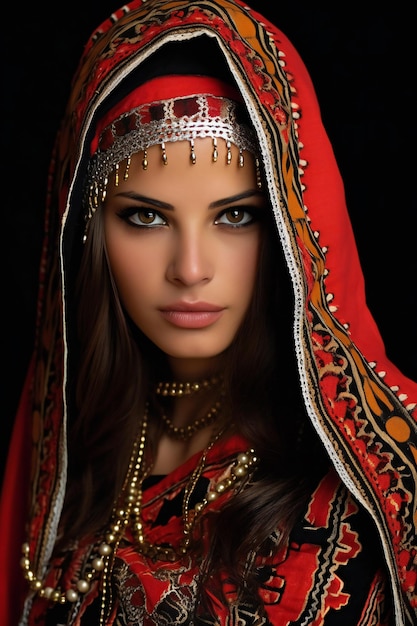 Portrait of beautiful young woman in oriental costume on black background