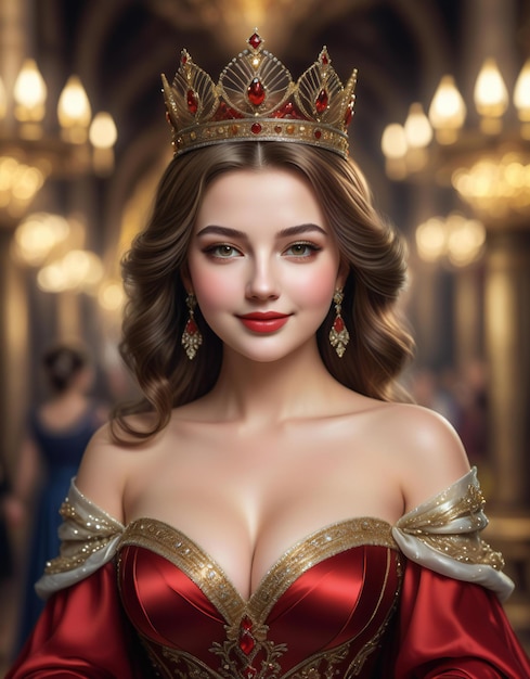 Portrait of a beautiful young woman in red dress with golden crown