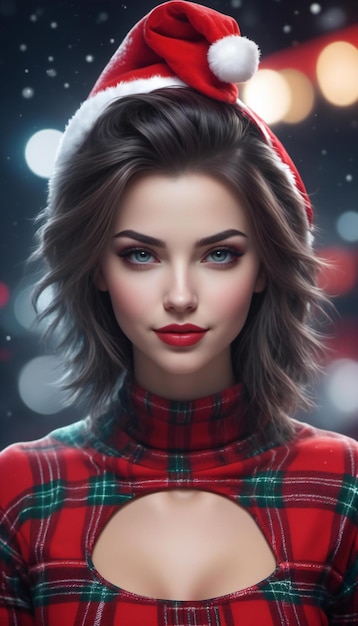 Portrait of beautiful young woman in santa claus hat over christmas background