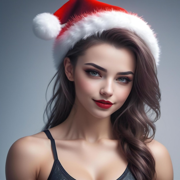 Portrait of beautiful young woman in Santa Claus hat Christmas concept