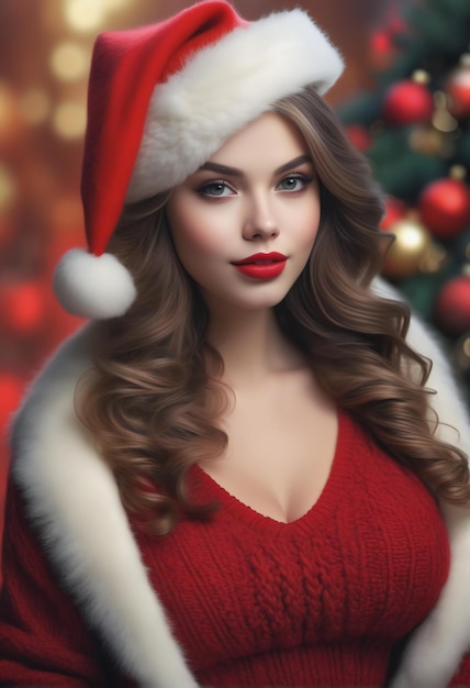 Portrait of beautiful young woman in santa claus hat Christmas