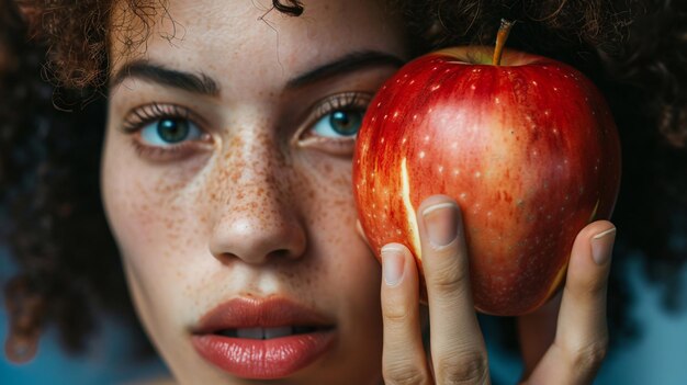 Portrait of a beautiful young woman showing a red apple