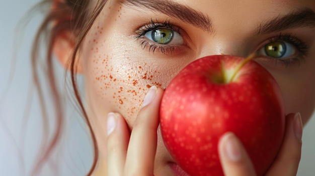 Portrait of a beautiful young woman showing a red apple