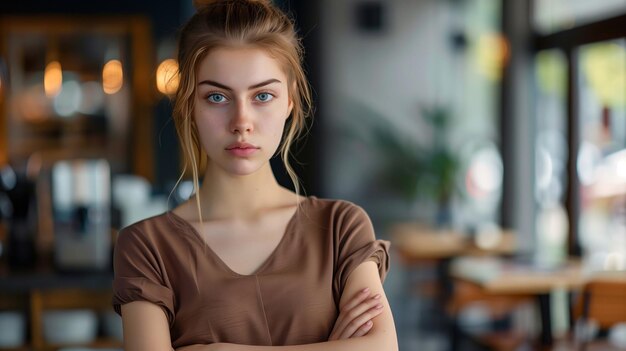 Portrait of a beautiful young woman standing in a cafe and looking at the camera