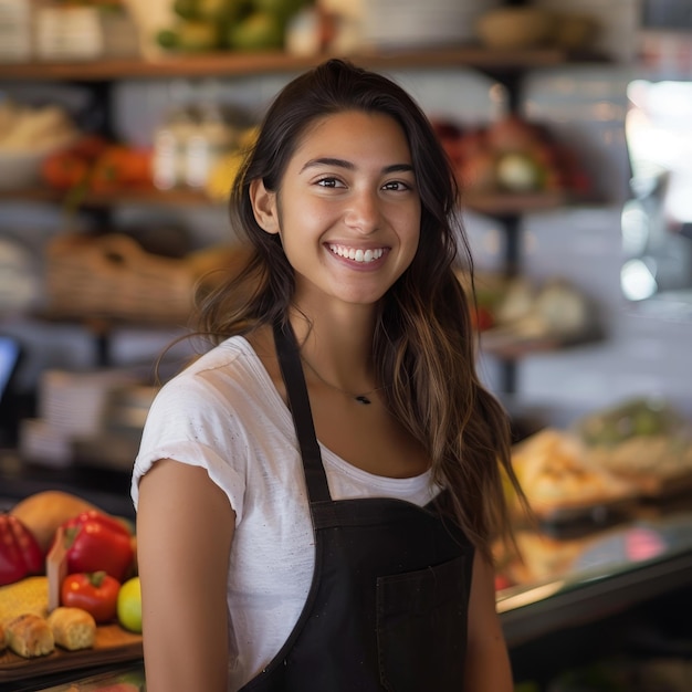 Portrait of a beautiful young woman standing in a grocery store smiling