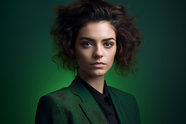 Portrait of a beautiful young woman in a suit on a green background