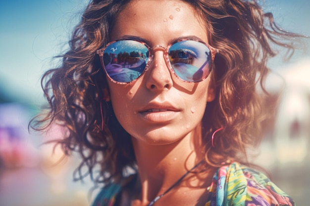 Portrait of a beautiful young woman in sunglasses on the beach Created with generative AI tools