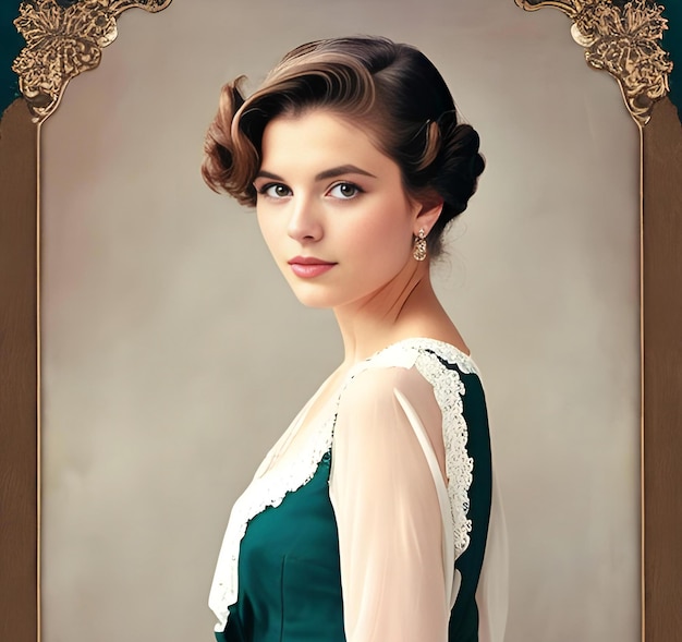 Portrait of a beautiful young woman in vintage dress Retro style