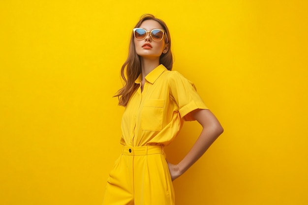 Photo portrait of beautiful young woman wearing yellow summer