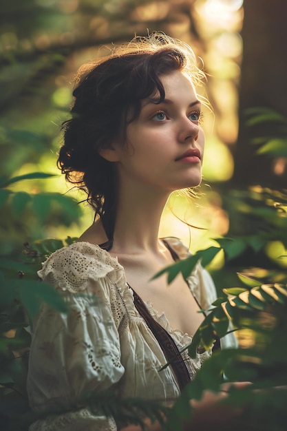 Portrait of a beautiful young woman in a white dress in the forest