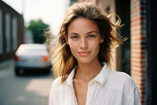 portrait of a beautiful young woman in a white shirt on the street