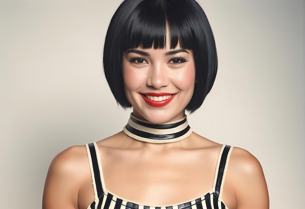 Portrait of a beautiful young woman with black short hair and red lipstick