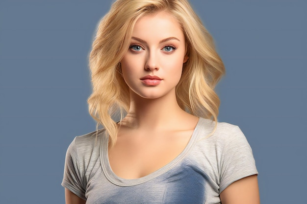 Portrait of a beautiful young woman with blond hair on blue background