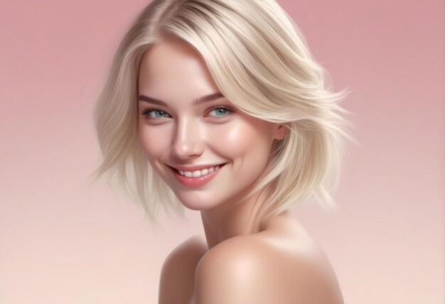 Portrait of a beautiful young woman with blond hair on pink background