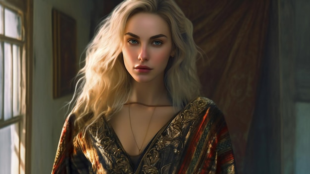 Portrait of a beautiful young woman with blond hair in a vintage dress