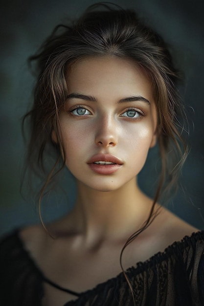 Portrait of a beautiful young woman with blue eyes and brown hair