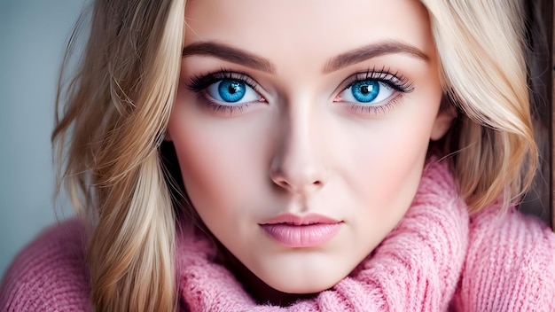 Photo portrait of a beautiful young woman with blue eyes in a pink sweater