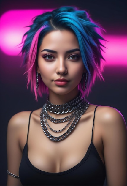 Portrait of a beautiful young woman with blue hair and bright makeup