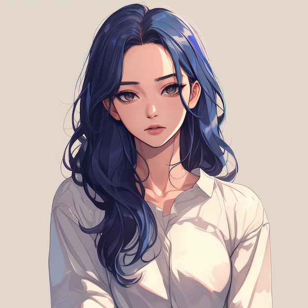 Portrait of a beautiful young woman with blue hair and white shirt