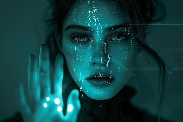 Portrait of a beautiful young woman with blue neon light on her face