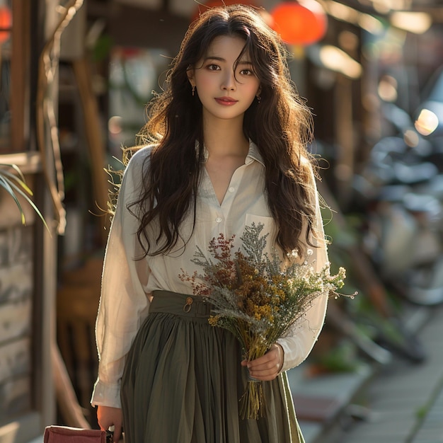 Portrait of a beautiful young woman with bouquet of flowers outdoor