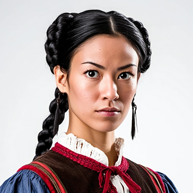 Portrait of a beautiful young woman with braids in traditional clothes