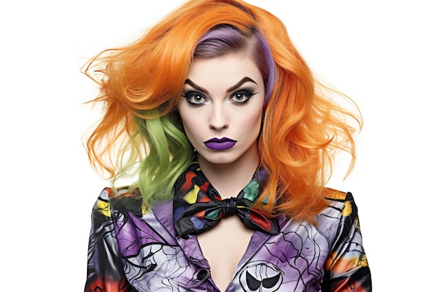 Portrait of a beautiful young woman with bright makeup and colorful hair