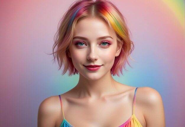 Portrait of a beautiful young woman with bright makeup and pink hair