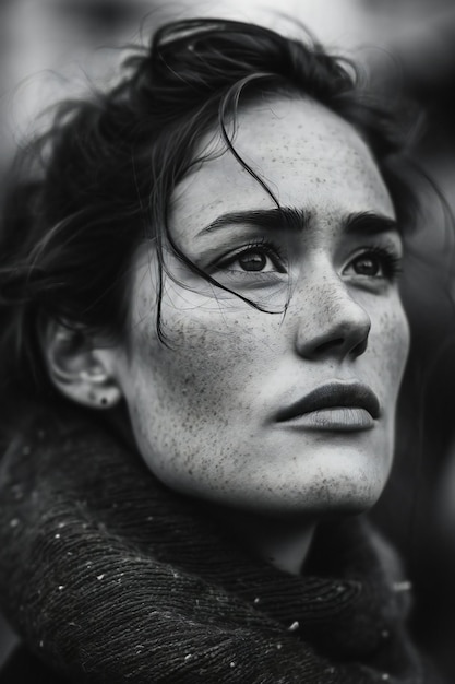 Portrait of a beautiful young woman with brown hair and freckles