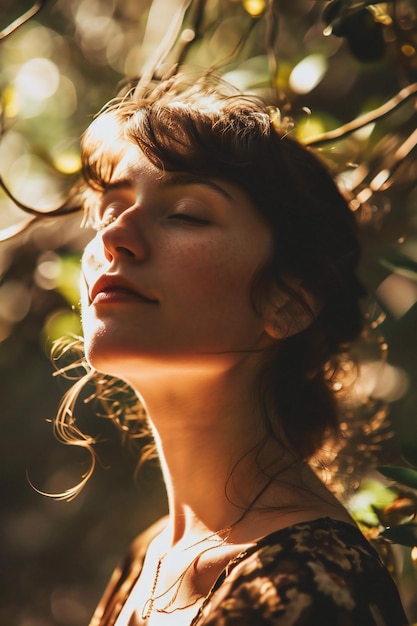 Portrait of a beautiful young woman with closed eyes in olive grove