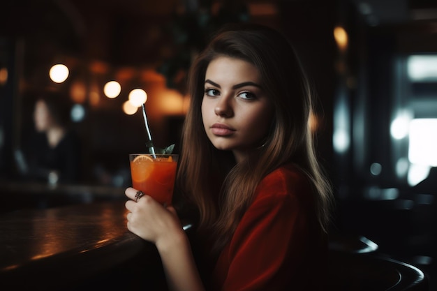 Portrait of a beautiful young woman with a cocktail in a restaurant Generative AI