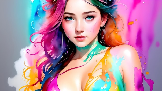 Portrait of a beautiful young woman with colorful hair and body painting