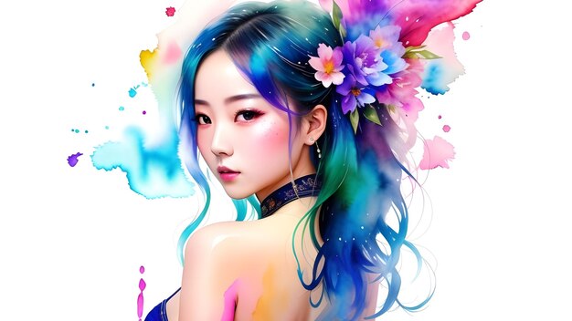 Portrait of a beautiful young woman with colorful hair and body painting