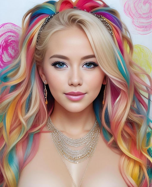 Portrait of beautiful young woman with colorful hair Girl with bright makeup