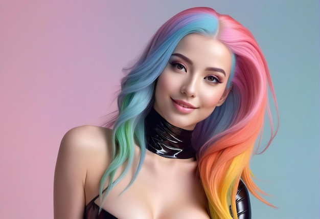 Portrait of a beautiful young woman with colorful hair and professional makeup