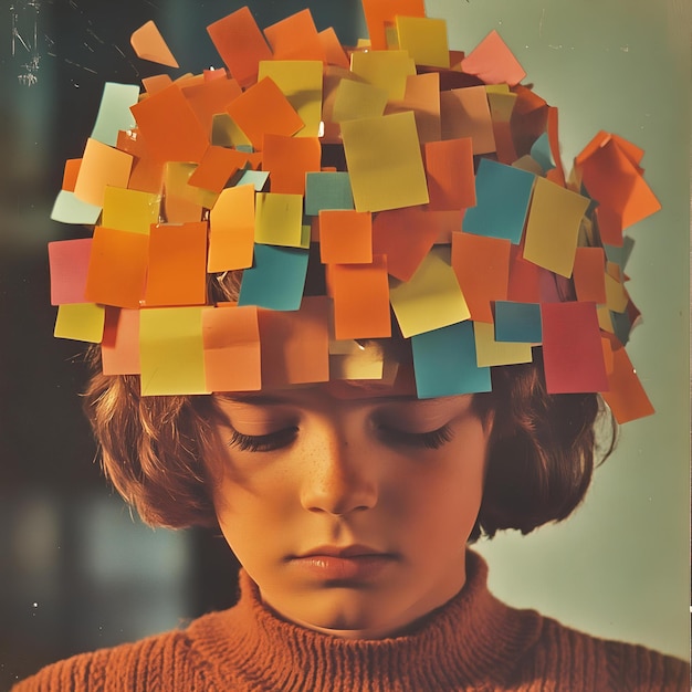 Photo portrait of a beautiful young woman with colorful sticky notes on her head