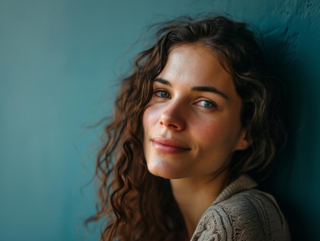 Portrait of a beautiful young woman with curly hair against a blue wall