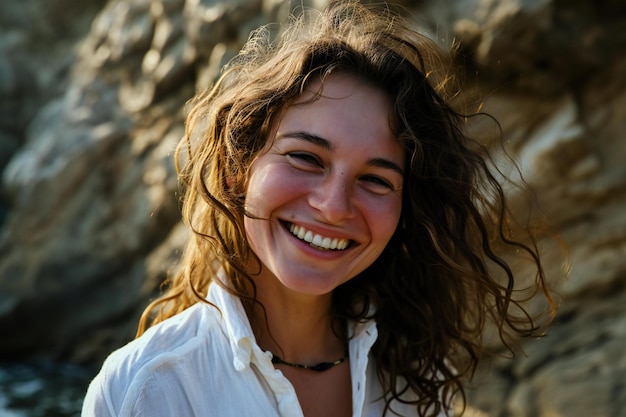 Portrait of a beautiful young woman with curly hair on the beach