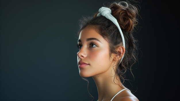 Portrait of a beautiful young woman with curly hair on a dark background