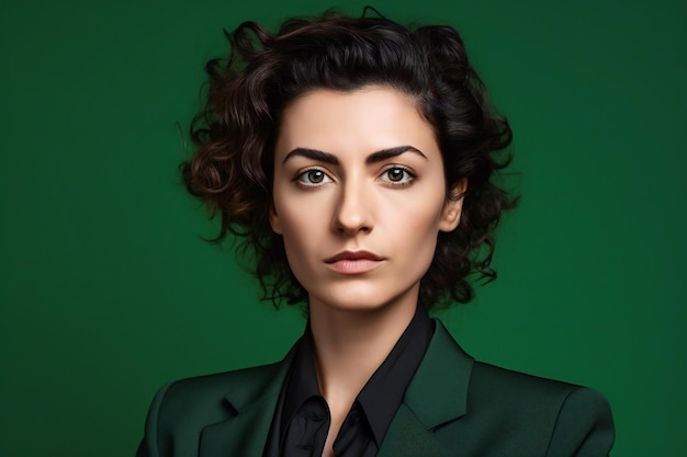 Portrait of a beautiful young woman with curly hair on a green background