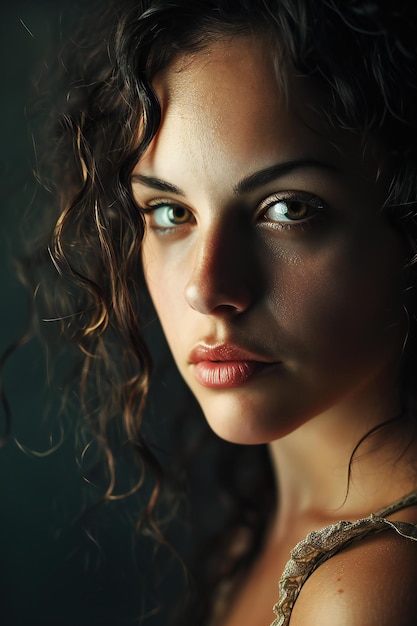 Portrait of a beautiful young woman with curly hair and green eyes