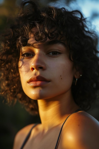 Portrait of a beautiful young woman with curly hair in the park