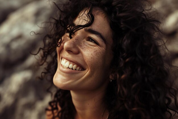 Portrait of a beautiful young woman with curly hair smiling at the camera