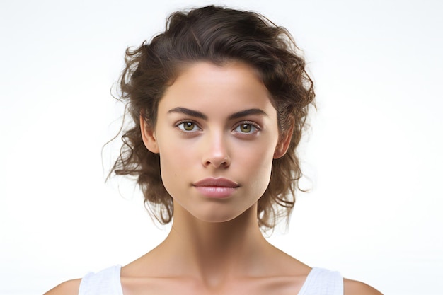 Portrait of beautiful young woman with curly hair on white background