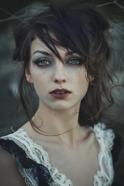 Portrait of a beautiful young woman with dark hair and green eyes