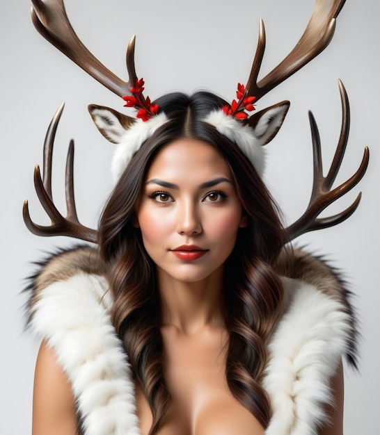 Portrait of beautiful young woman with deer antlers on her head