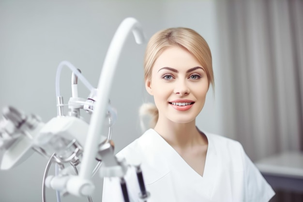 Portrait of a beautiful young woman with dentist equipment in her mouth created with generative ai