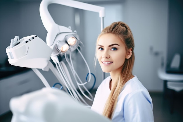 Portrait of a beautiful young woman with dentist equipment in her mouth created with generative ai