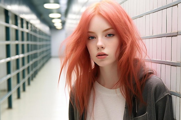 Portrait of beautiful young woman with dyed pink hair in the corridor